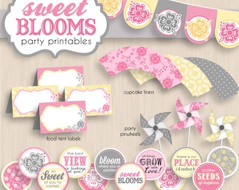 SWEET BLOOMS Birthday Party Printable Package in Pink, CreamvYellow, and Gray- Instant Editable Download