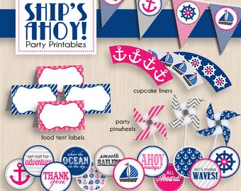 SHIP'S AHOY Nautical Baby Shower Printable Package in Pink and Navy Blue- Instant Download