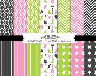 ROCK GUITAR Digital Scrapbooking Paper Pack in Pink, Lime Green, and Black- Instant Printable Download
