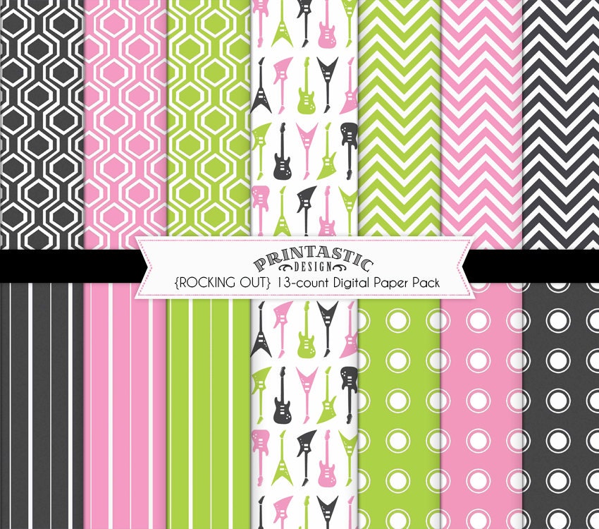 ROCK GUITAR Digital Scrapbooking Paper Pack in Pink Lime Etsy