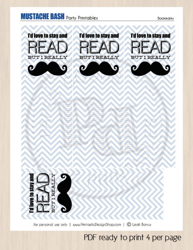 MUSTACHE Printable Bookmark Instant Download image 2