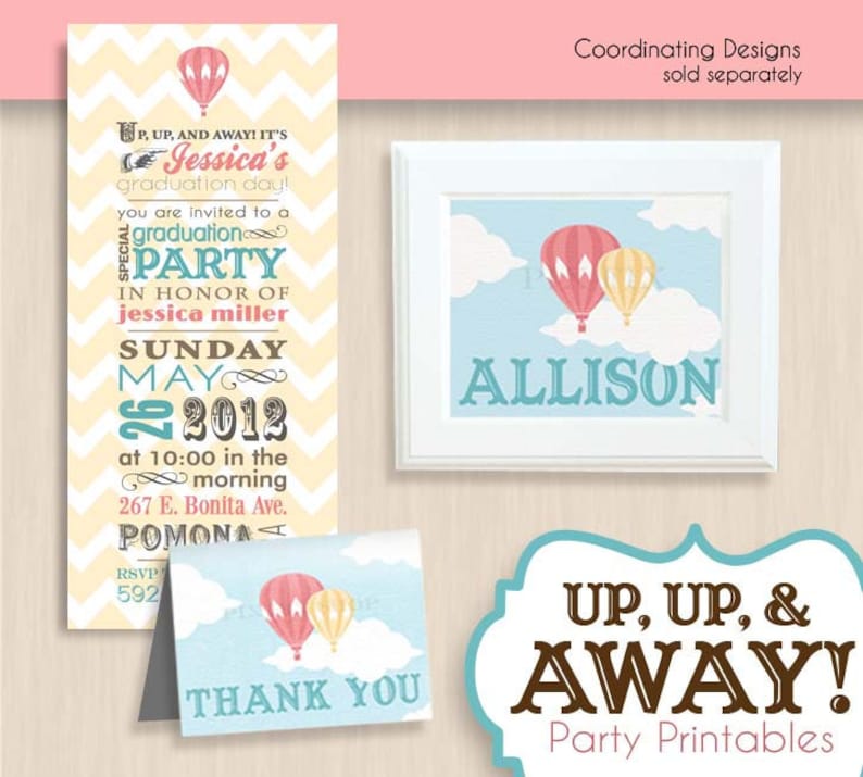 HOT AIR BALLOON Graduation Party Printable Package in Coral Instant Download image 5