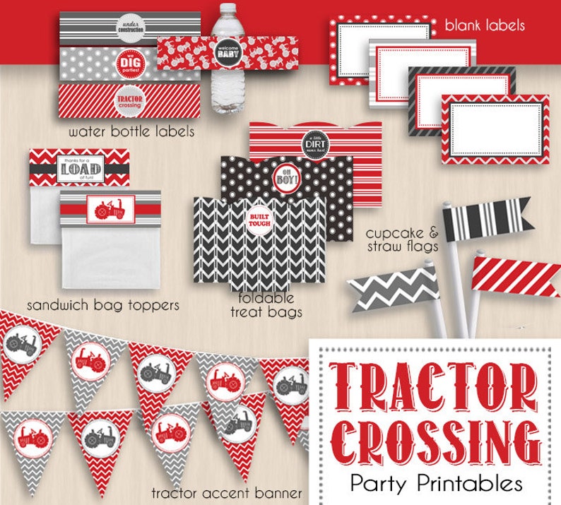 TRACTOR CROSSING Baby Shower Printable Package in Red and Charcoal Gray Editable Instant Download image 2