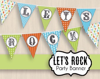 LET'S ROCK Party Banner in Turquoise Blue, Lime Green, and Orange- Instant Printable Download