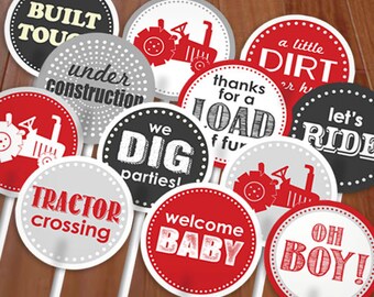 TRACTOR BABY SHOWER Cupcake Toppers & Party Circles in Red and Charcoal Gray- Instant Printable Download