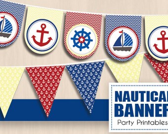 NAUTICAL Party Banner in Navy Blue and Red- Instant Printable PDF Download