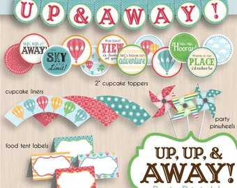 HOT AIR BALLOON Birthday Party Printable Package in Vintage Rainbow- Editable Instant Download