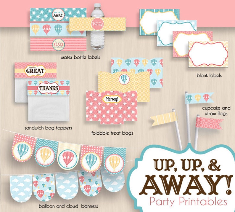 Instant Download HOT AIR BALLOON Graduation Party Printable Package in Coral