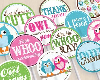 OWL Birthday 2" Cupcake Toppers and Party Circles in Pink and Teal- Instant Printable Download