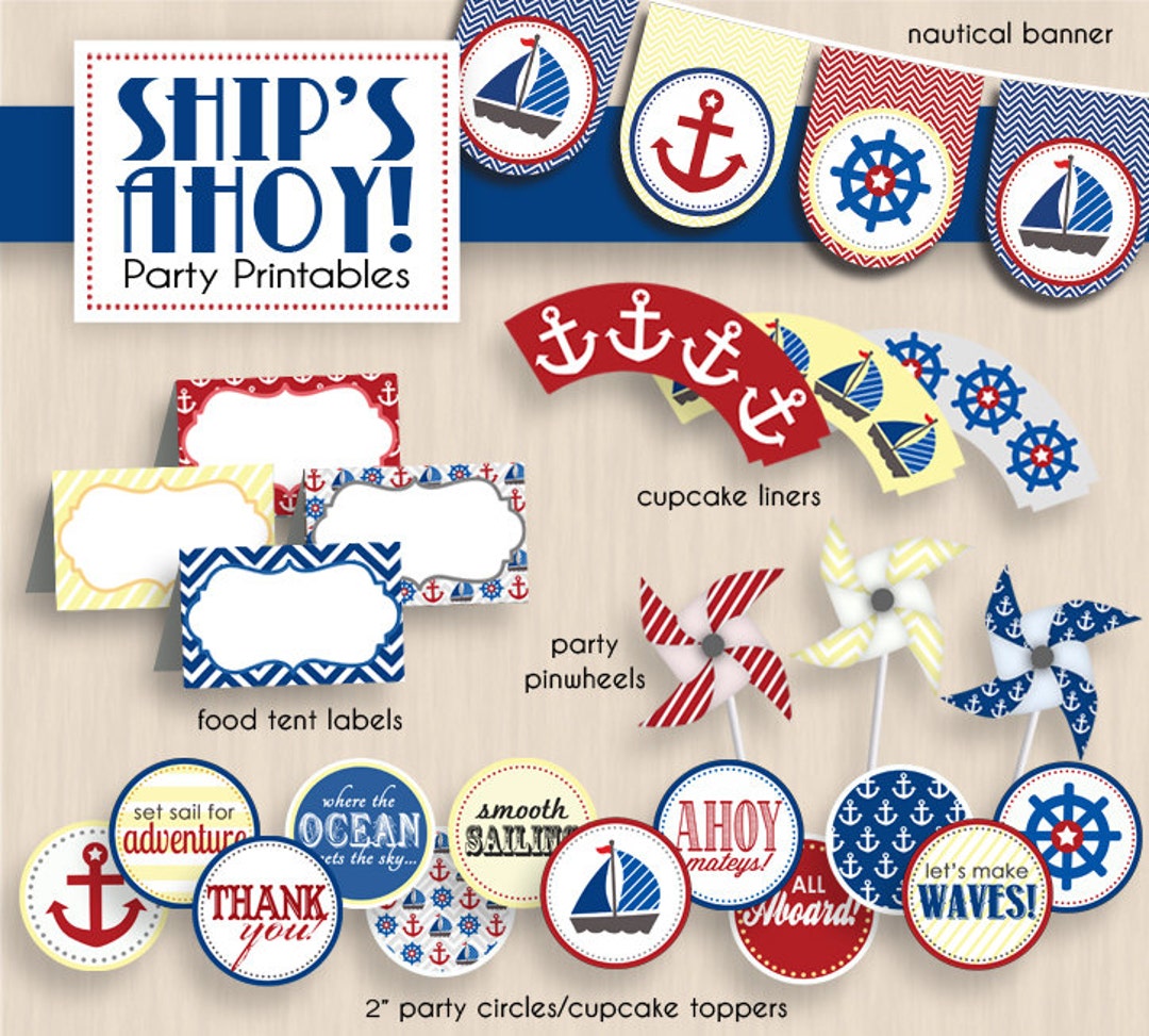 SHIP'S AHOY Nautical Birthday Party Printable Package in Red, Yellow, and  Navy Blue Instant Download 