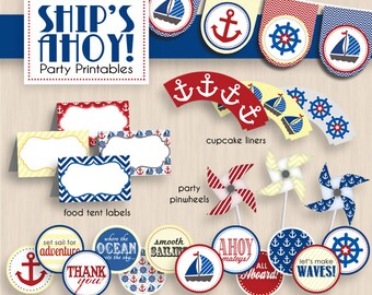 SHIP'S AHOY Nautical Baby Shower Printable Package in Red and Navy Blue- Instant Download