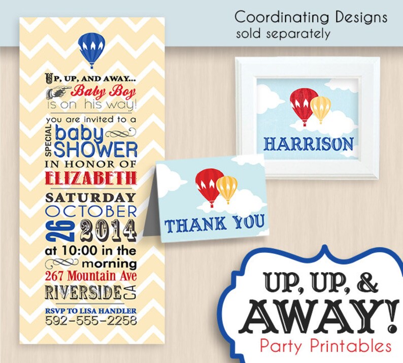 HOT AIR BALLOON Baby Shower Printable Package in Red and Navy Blue Instant Editable Download image 5