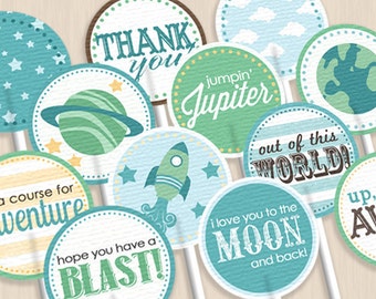 SPACE ROCKET Cupcake Toppers & Party Circles in Seafoam Green and Teal- Instant Printable Download