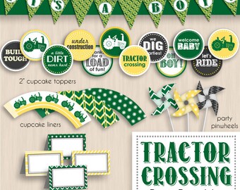 TRACTOR CROSSING Baby Shower Printable Package in Green and Yellow- Editable Instant Download