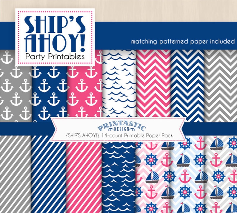 Instant Download SHIP/'S AHOY Nautical Baby Shower Printable Package in Pink and Navy Blue