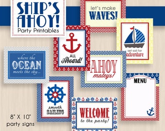 NAUTICAL 8X10 Party Signs in Navy Blue, Red, and Yellow- Instant PDF Download