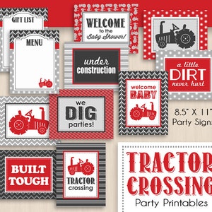 TRACTOR CROSSING Baby Shower Printable Package in Red and Charcoal Gray Editable Instant Download image 3