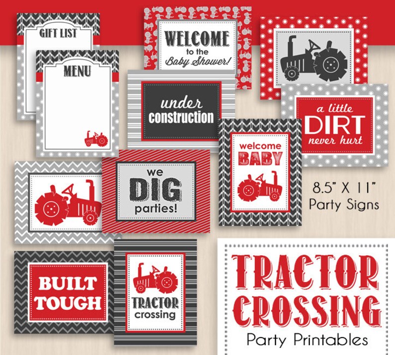 TRACTOR CROSSING Baby Shower Printable Package in Red and Charcoal Gray Editable Instant Download image 3