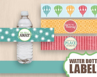 HOT AIR BALLOON Water Bottle Label Wrappers & Decorative Bands in VIntage Rainbow- Instant Printable Download