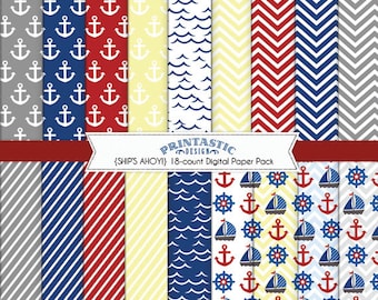 NAUTICAL Printable Paper Pack in Navy Blue and Red- Instant Download