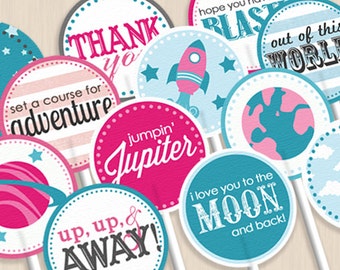 SPACE ROCKET Party Circles & Cupcake Toppers in Pink and Teal- Instant Printable Download