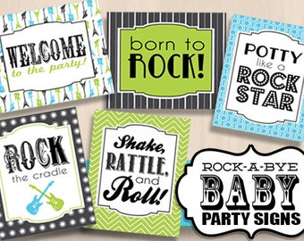 8X10 PARTY SIGNS for Guitar Baby Shower in Turquoise Aqua Blue and Lime Green- Instant Printable Download