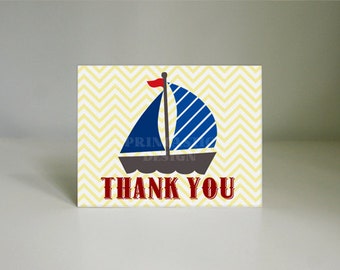 SAIL BOAT Nautical Thank You Card in Red and Navy Blue- Instant Printable Download