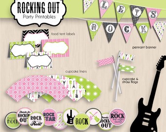 ROCK GUITAR Birthday Party Printable Package in Pink and Lime- Instant Download