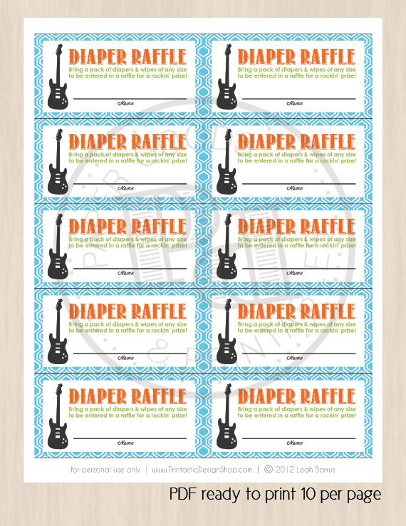 Turquoise Raffle Ticket GUITAR Diaper Raffle Printable Ticket in Turquoise Aqua Blue, Lime ...