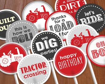 TRACTOR BIRTHDAY Cupcake Toppers & Party Circles in Red and Charcoal Gray- Instant Printable Download