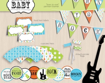 Pacchetto stampabile ROCK-A-BYE Baby Shower in arancione, blu turchese e calce - Download istantaneo