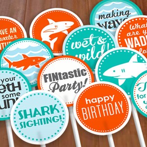 SHARK 2 Cupcake Toppers or Party Circles for Boy Birthday in Aqua Turquoise Blue and Tangerine Orange Instant Printable Download image 1