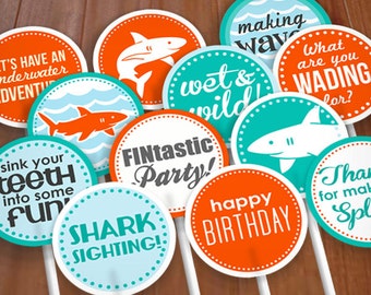 SHARK 2" Cupcake Toppers or Party Circles for Boy Birthday in Aqua Turquoise Blue and Tangerine Orange- Instant Printable Download