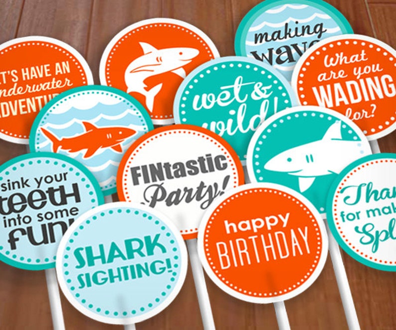 SHARK 2 Cupcake Toppers or Party Circles for Boy Birthday in Aqua Turquoise Blue and Tangerine Orange Instant Printable Download image 1
