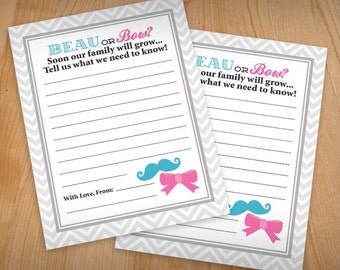 Biglietti BEAU o BOW ADVICE per baby shower in rosa e blu acqua - Download stampabile istantaneo