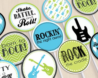 ROCK GUITAR Baby Boy Party Circles & Cupcake Toppers in Turquoise Aqua Blue and Lime Green- Instant Printable Download
