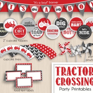 TRACTOR CROSSING Baby Shower Printable Package in Red and Charcoal Gray Editable Instant Download image 1