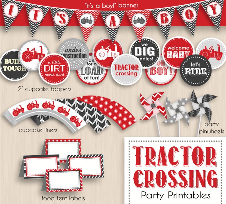 TRACTOR CROSSING Baby Shower Printable Package in Red and Charcoal Gray Editable Instant Download image 1