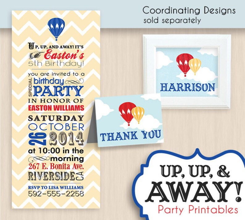 HOT AIR BALLOON Birthday Printable Package in Red and Navy Blue Instant Editable Download image 5