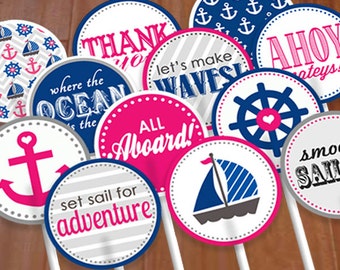 SHIP'S AHOY Nautical Cupcake Toppers & Party Circles in Pink and Navy Blue- Instant Printable PDF Download