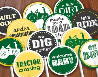 TRACTOR BABY SHOWER Cupcake Toppers & Party Circles in Green and Yellow- Instant Printable Download