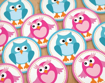 WEAR YOUR VOTE Boy or Girl Owl Party Circle Stickers in Aqua Teal Turquoise Blue and Pink- Instant Printable Download