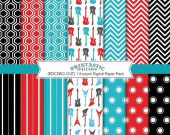 ROCK GUITAR Paper Pack in Turquoise Aqua Blue, Red, Black, and Gray- Instant Printable Download