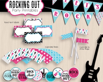 ROCK GUITAR Girl Birthday Party Printable Package in Pink and Turquoise Aqua Blue- Instant Download