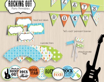 ROCK GUITAR Birthday Party Printable Package in Turquoise Aqua Blue, Lime, & Orange- Instant Download