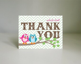 TWIN OWL Printable Thank You Card in Pink & Teal- Instant Printable Download