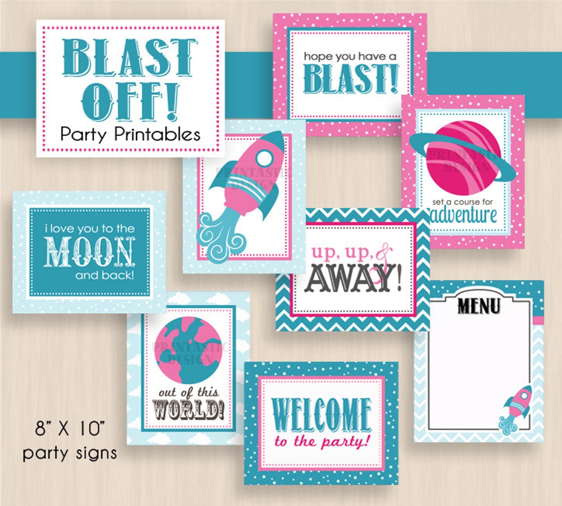 BLAST OFF Birthday Party Printable Package in Pink and Teal | Etsy