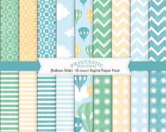 HOT AIR BALLOON Printable Paper Pack in Seafoam and Teal- Instant Dowload