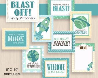 BLAST OFF 8X10 Party Signs in Seafoam Green and Teal Blue - Instant Printable Download