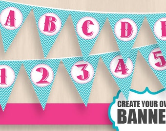 DIY BANNER in Pink and Turquoise Teal Chevrons- Instant Printable Download